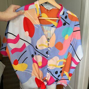 Abstract Colorful Geometric Tie-Front Blouse